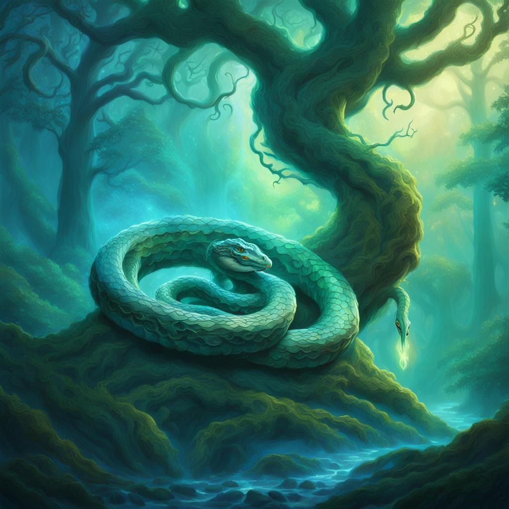 Mythic Serpent Wrapped Around Ancient Tree
