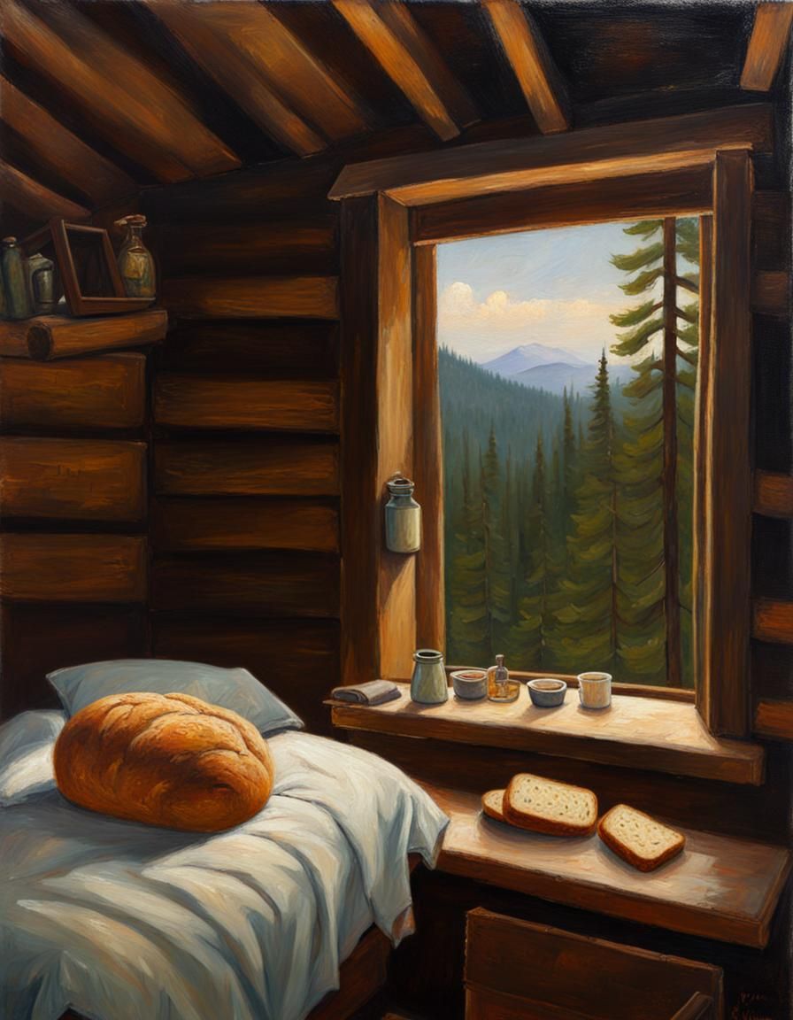 Bread Sleeps in Cabin Forest, Oil Painting
