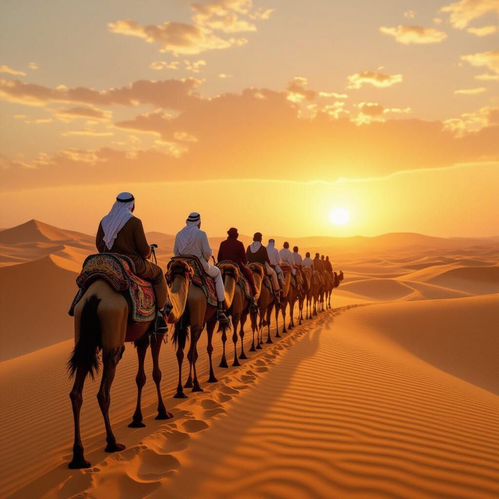 Desert Caravan at Sunset in Hyperrealistic Style
