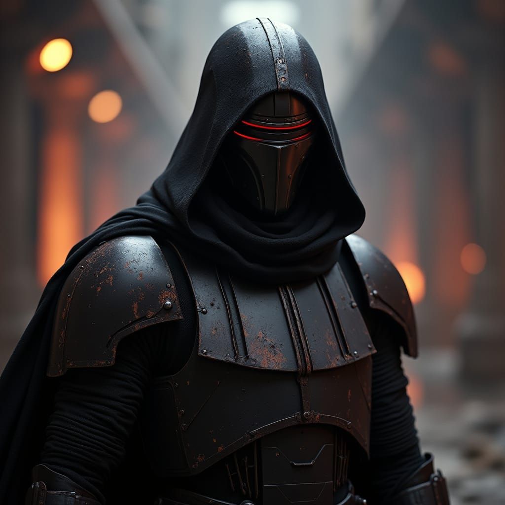 Dark Sith Warrior with Distinctive Helmet and Battle-Worn Ar...