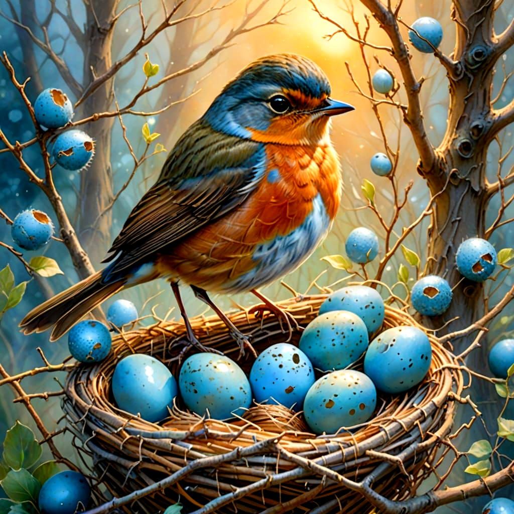 Blue Robin Eggs in Nest: Watercolor Fantasy