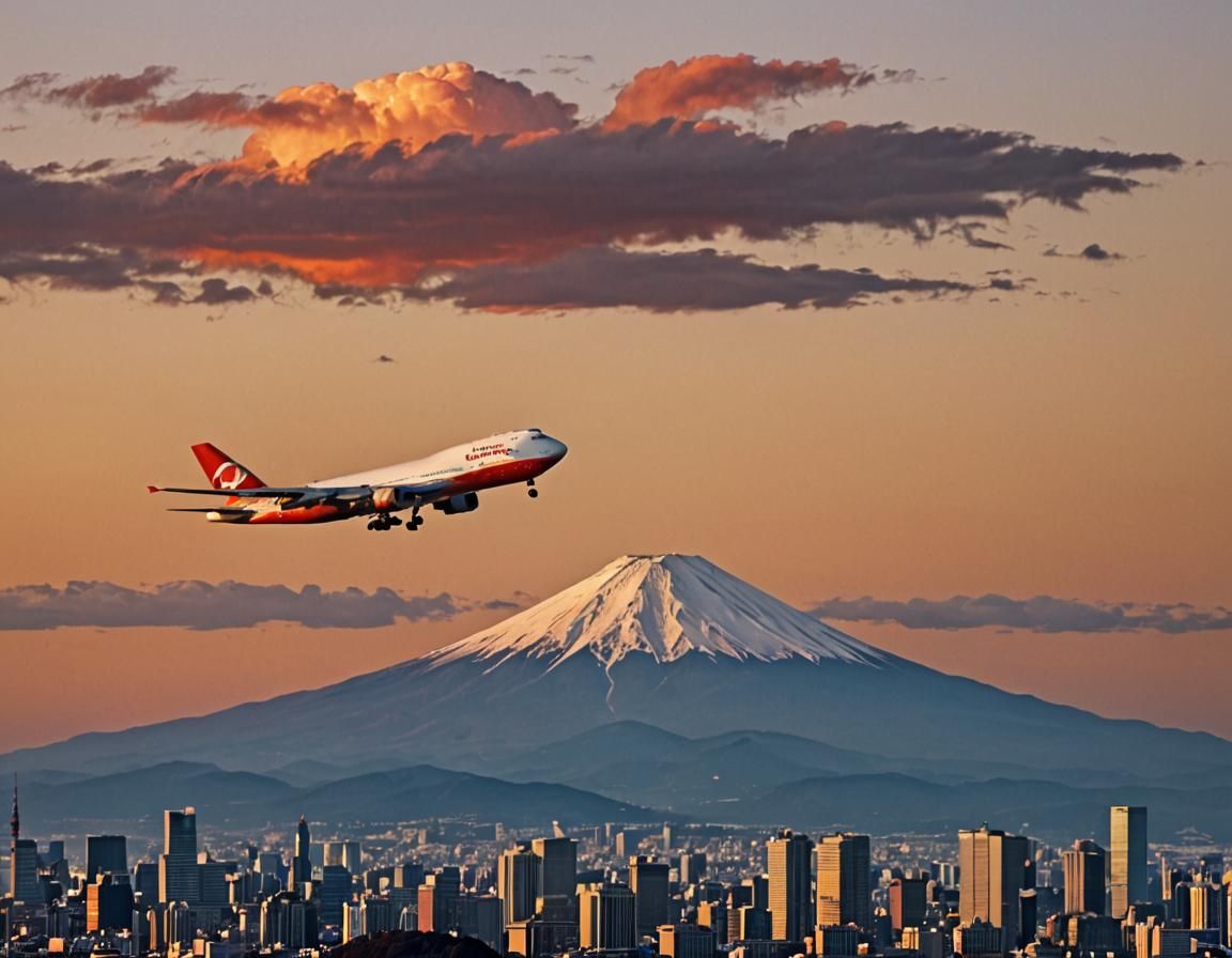 Boeing 747 Descends Towards Mount Fuji at Sunset