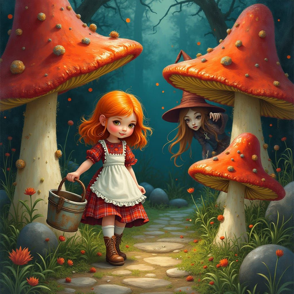 Scottish Girl Wandering Whimsical Fungal Village in Cyberpun...