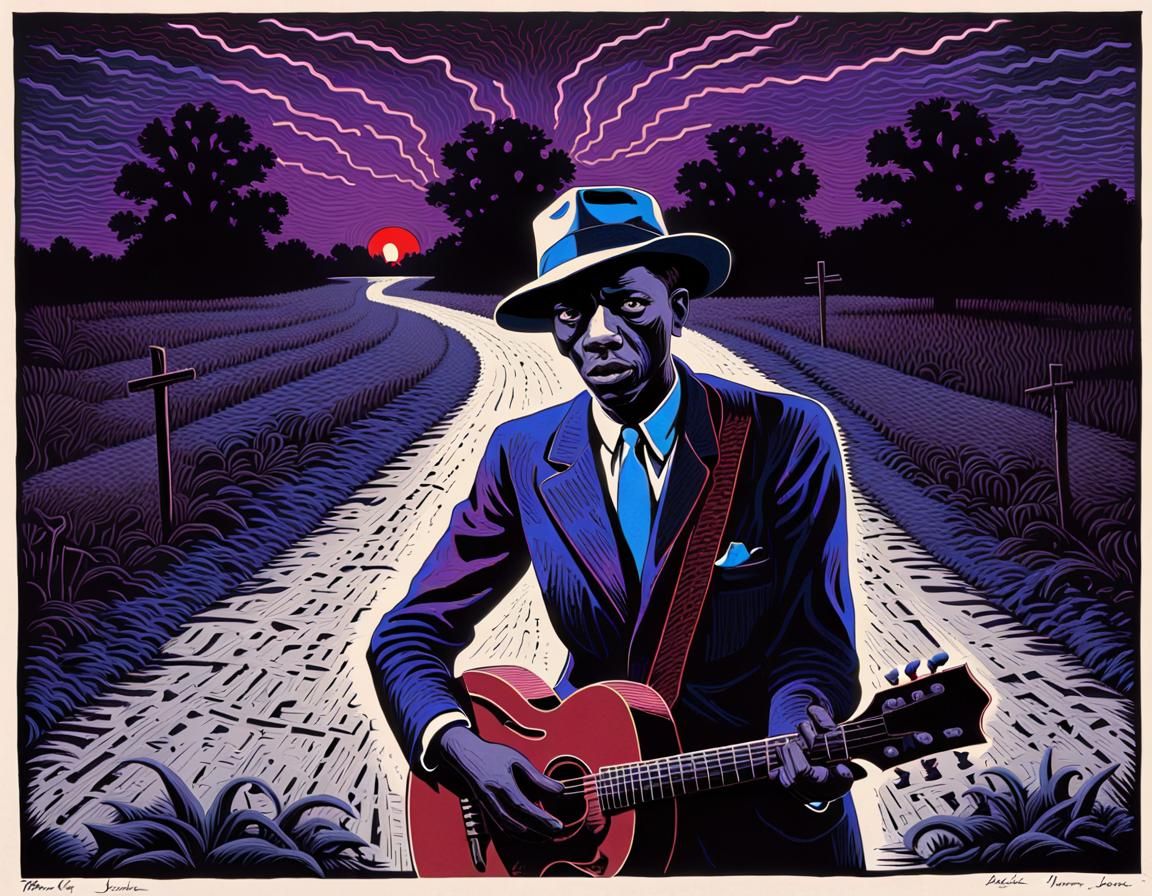 Robert Johnson's Crossroads Deal: A Neon Lino Cut