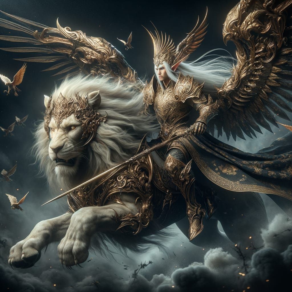 Elven Knight on White Lion in Dark Fantasy Scene