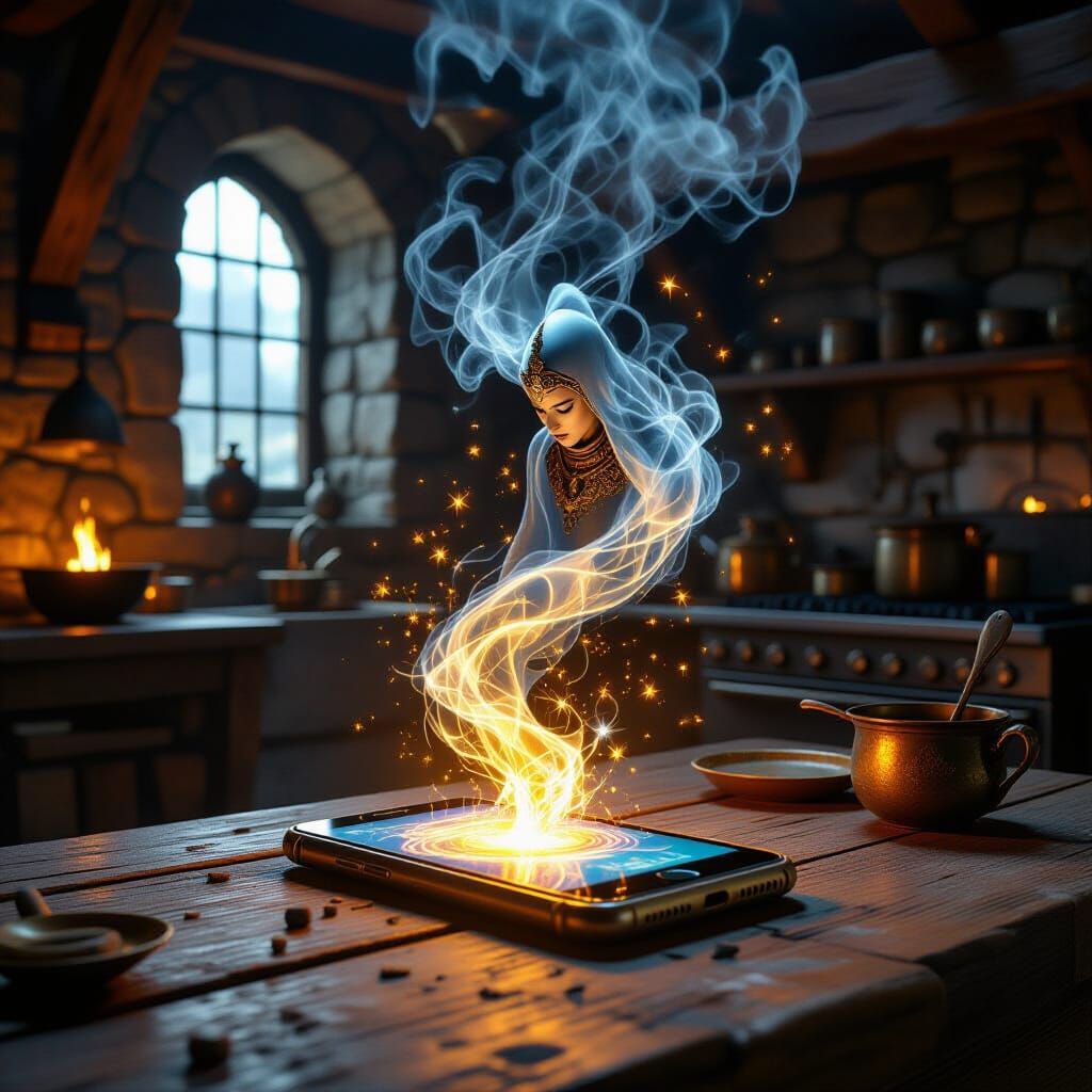 Mystical Genie Emerges from Smartphone in 13th Century Kitch...