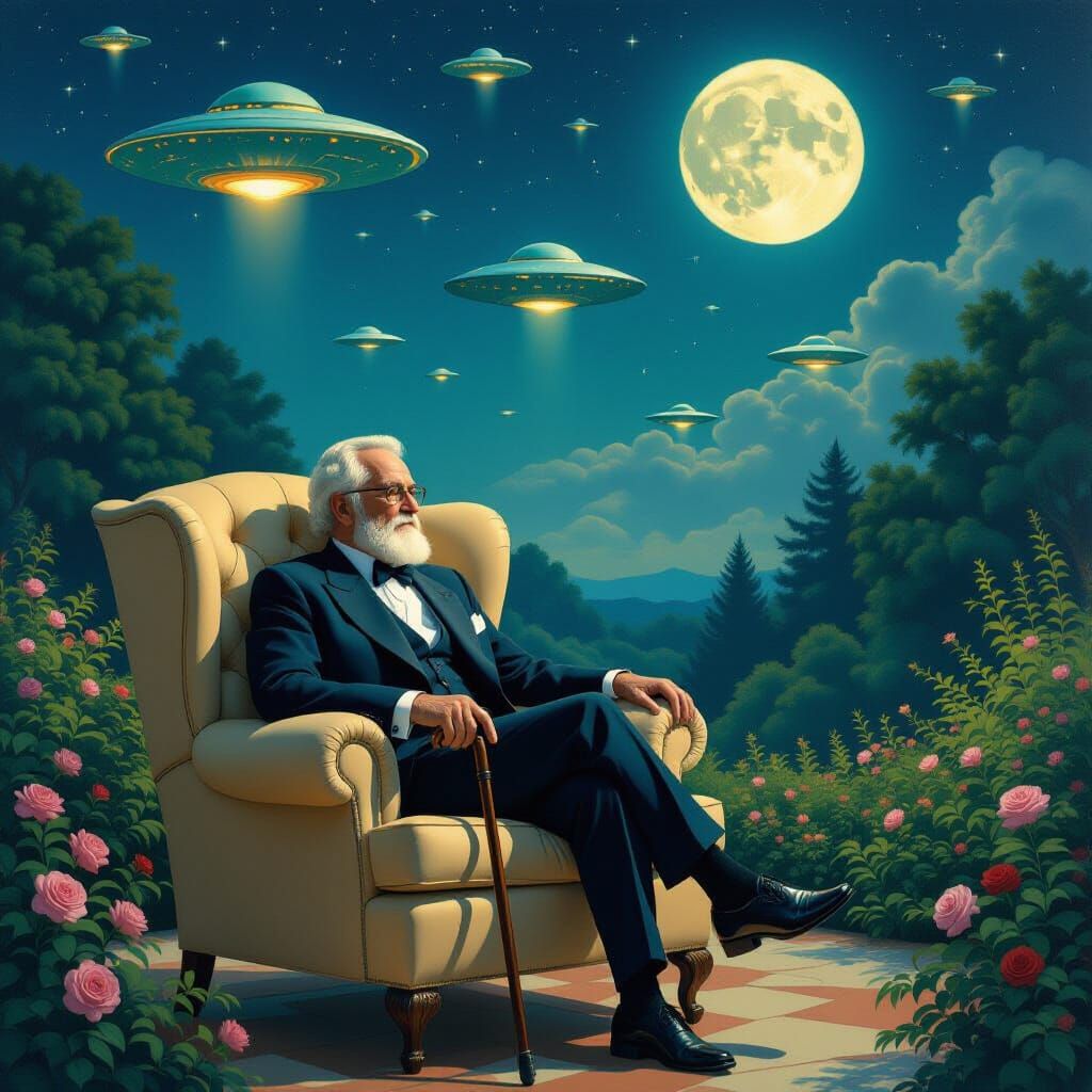 Elderly Man Watches UFOs in Surreal Garden