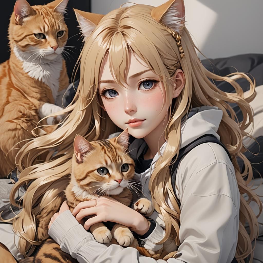 Anime girl with long blonde hair cuddling with a cat laying on her