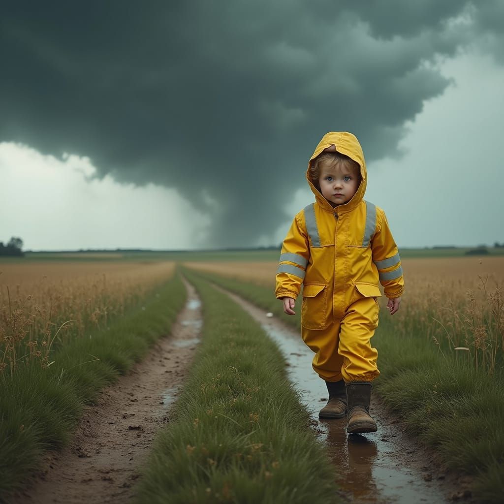 Child of the Storm in Vivid Yellow Raincoat Walks Toward Tur...
