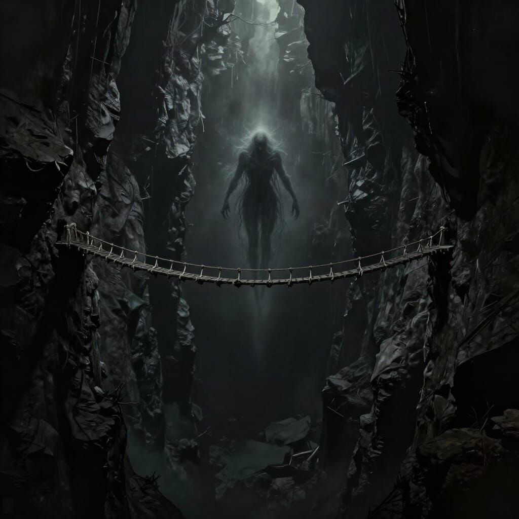 Ominous Chasm With Ethereal Spirit and Rope Bridge