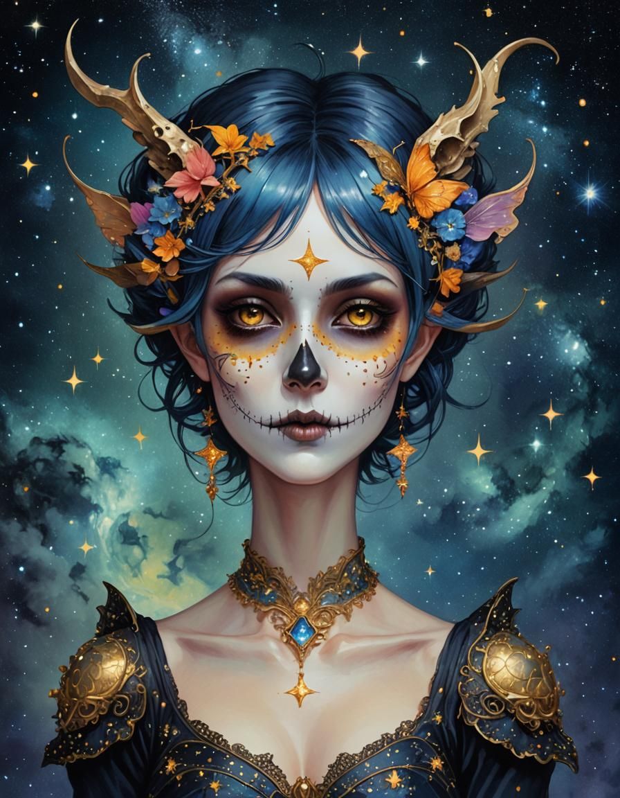 Skull-Faced Fairy Elf Contemplates Constellation Art
