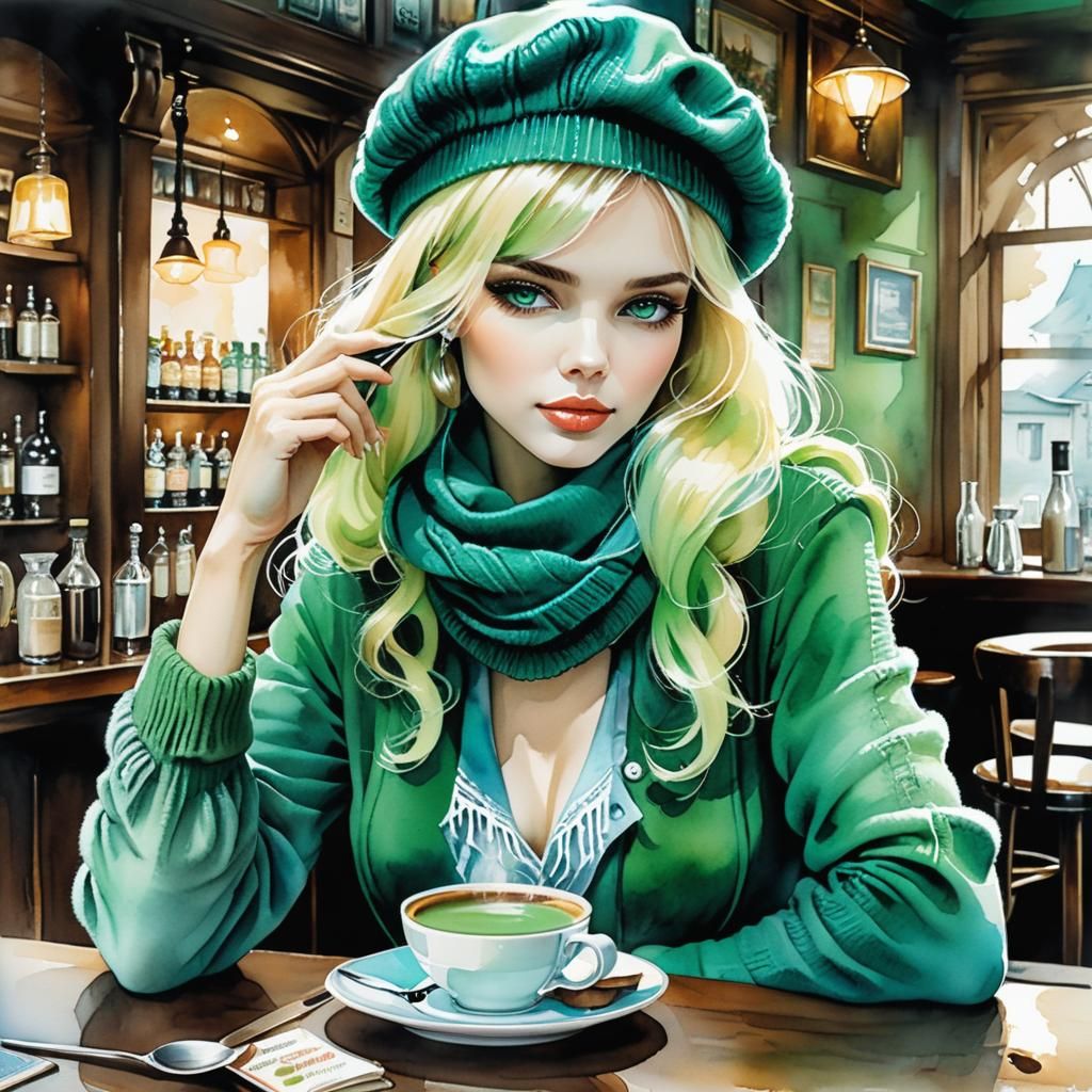 A stunning woman, blond hair, with a thick wool shirt, a hot wool beret, scarf, in a picturesque bar drinking coffee. li...