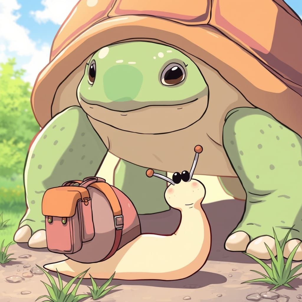 Cartoon Snail and Turtle in Anime Style