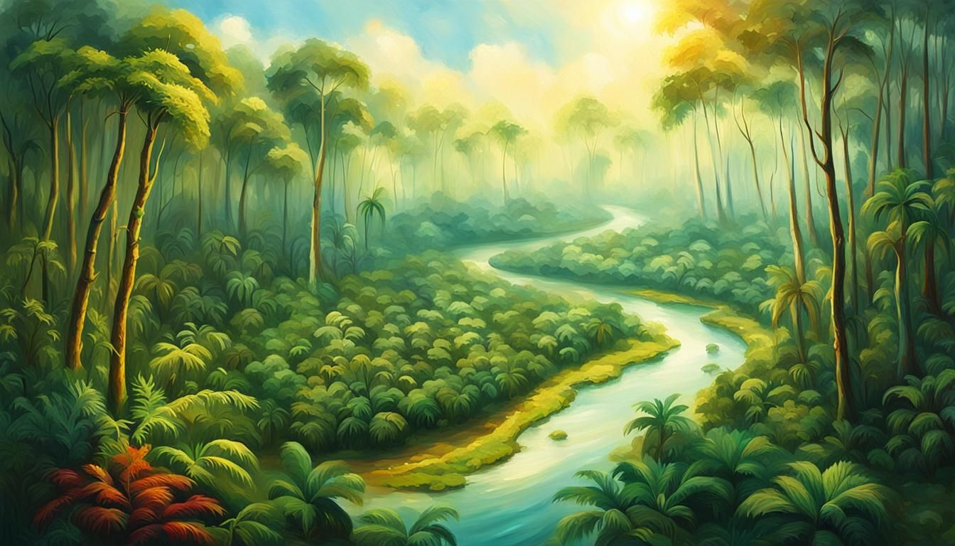Lush Amazon Forest: Oil Painting with Golden Light