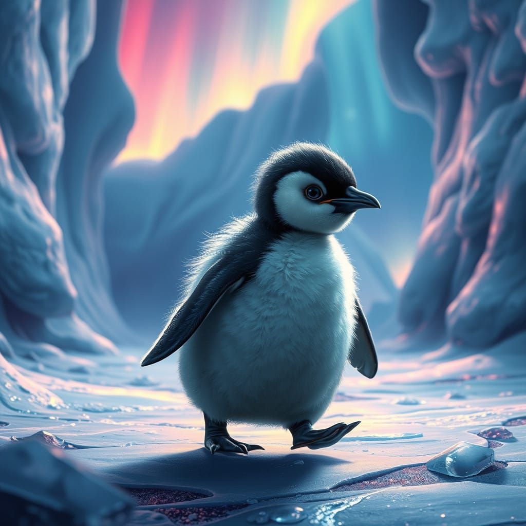 Fluffy Penguin Waddles Through Glowing Aurora