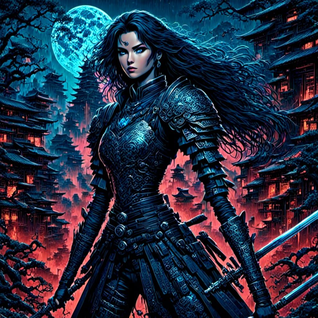 Armored Woman with Energy Gun in Cyberpunk Cityscape