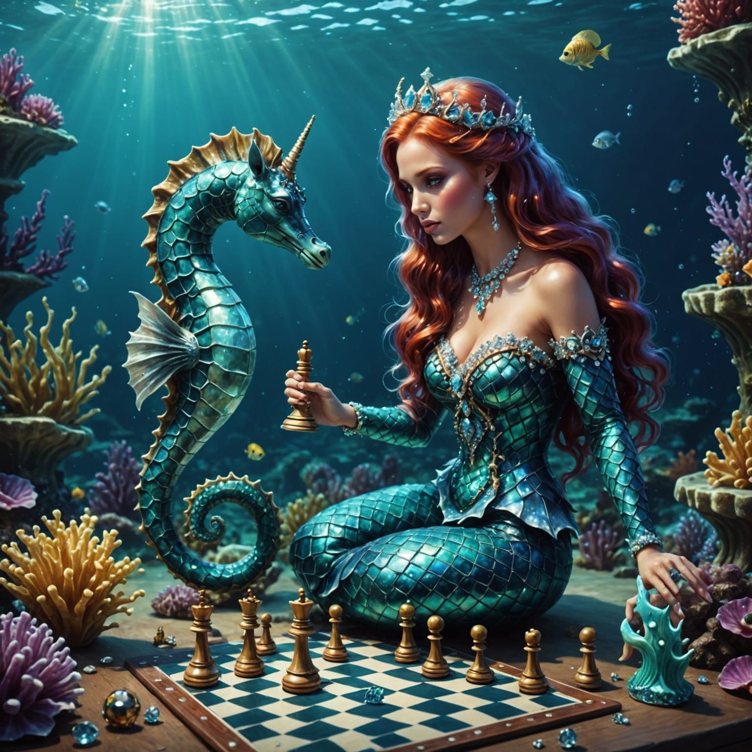 Diamond Mermaid Plays Chess with Seahorse