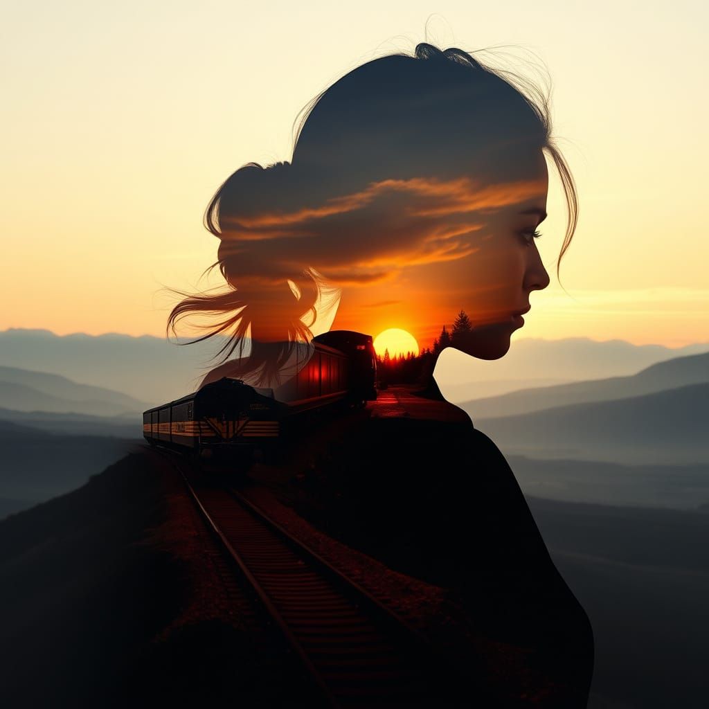 Triple Exposure: Woman, Train, Fire Landscape