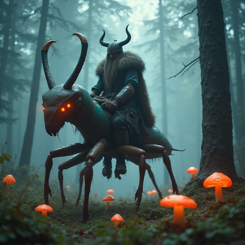 Viking Warrior Rides Praying Mantis in Mystic Forest