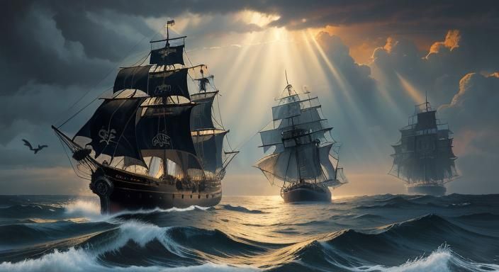 Pirate Ship Seascape in Romantic Style