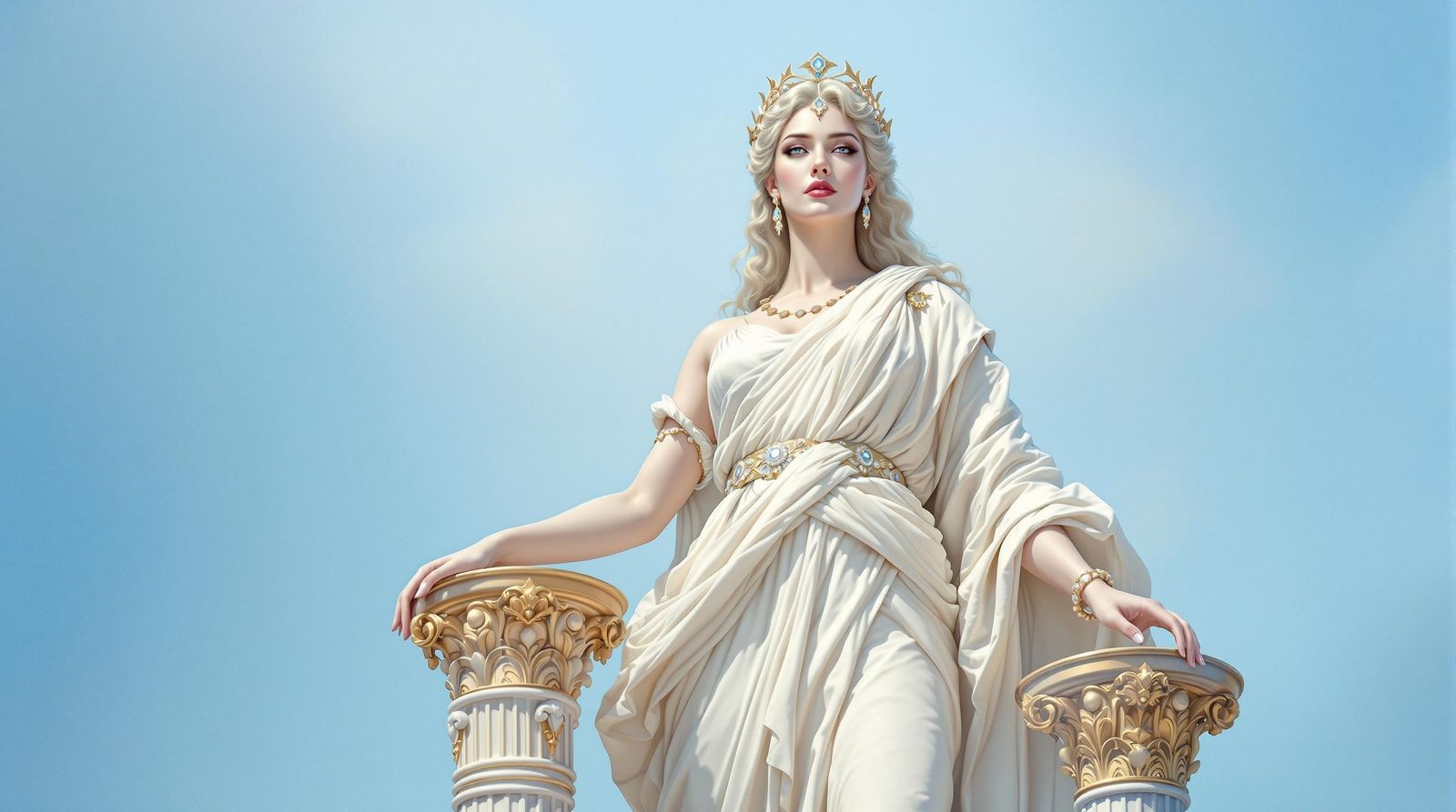 Hyperrealistic Grecian Goddess in White Peplos and Ornate Co...