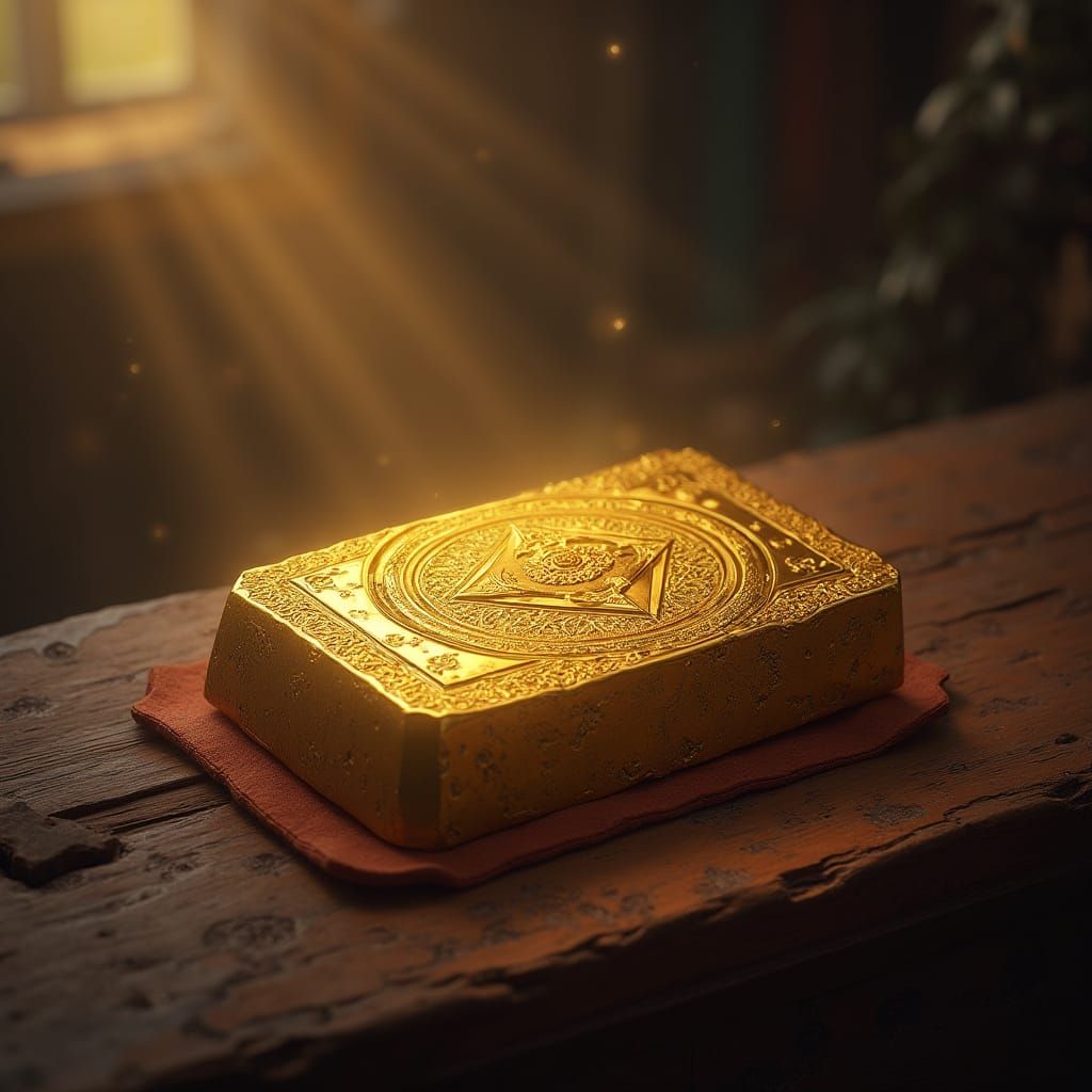 Ancient Gold Ingot on Worn Mahogany, Adorned with Mystical S...