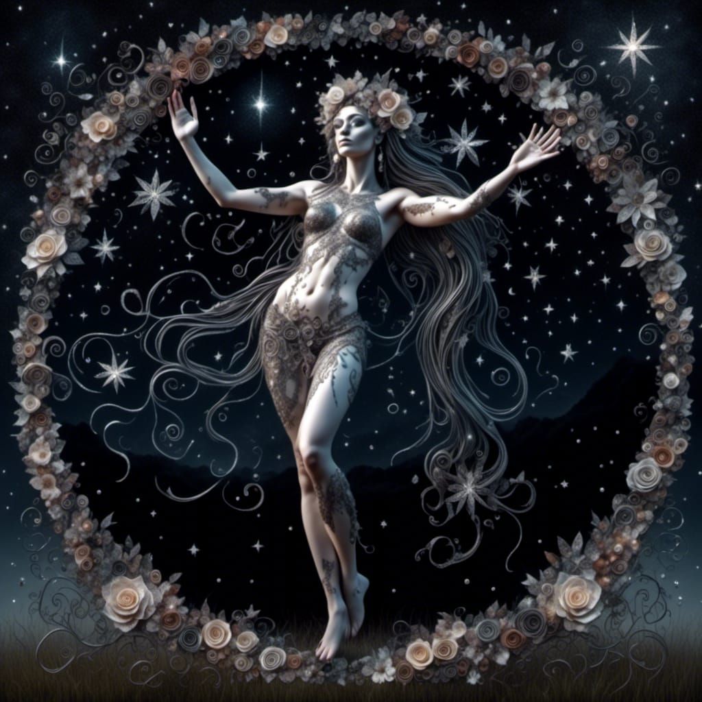 Floral Pagan Goddess in Starry Nightscape
