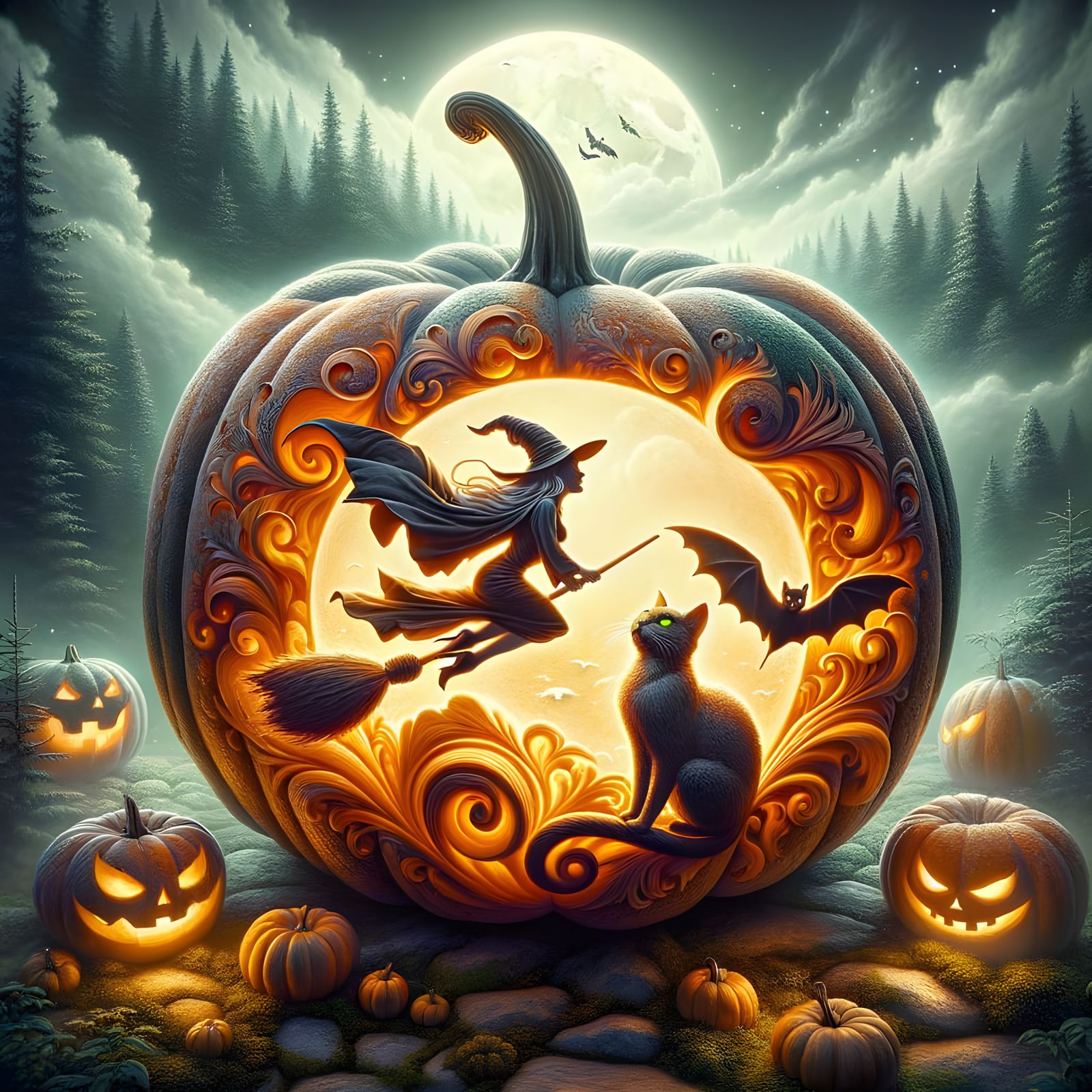 Hyperrealistic Pumpkin Carving: Witch, Cat, Bat
