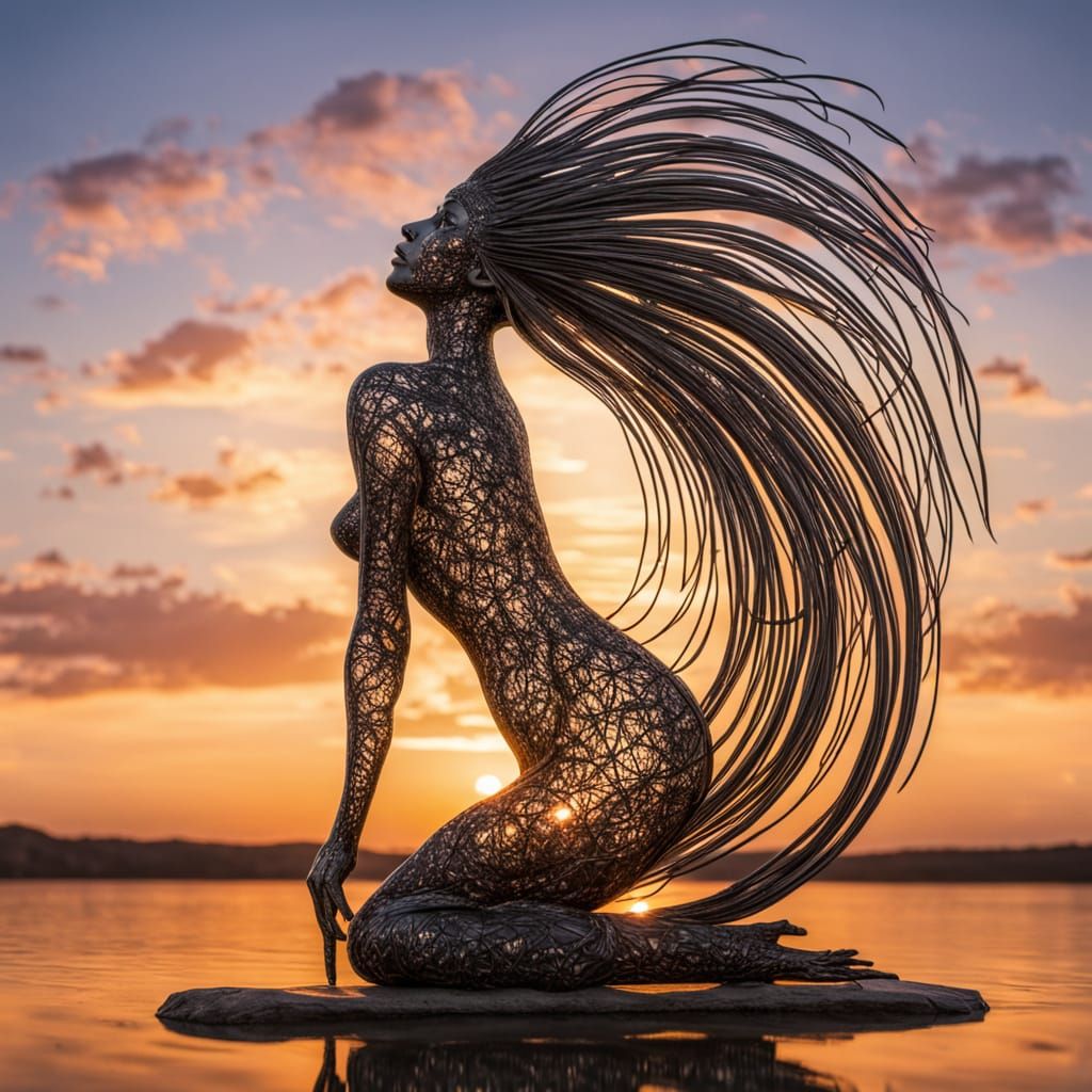 Surreal Sculpture of Woman at Sunset with Cracked Mirrors