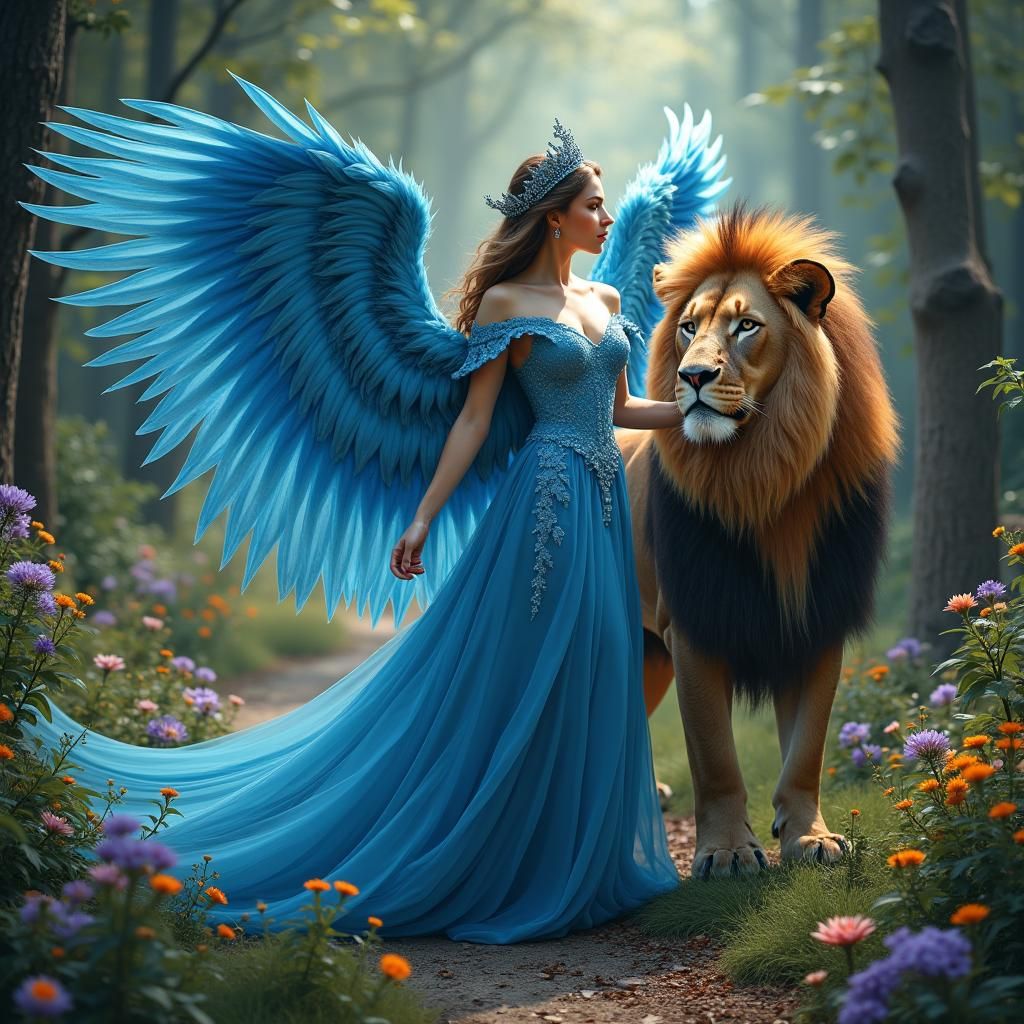 Regal Woman with Lions in Mystical Forest