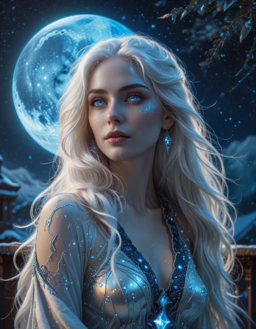 mysterious beautiful woman with glowing blue diamand eyes, soft pale skin, long flowing white hair, standing on a moonli...