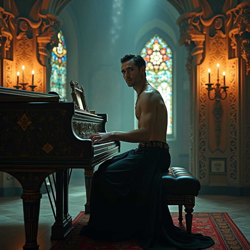 Vampire Pianist in Gothic Crypt, Fantasy Concept Art