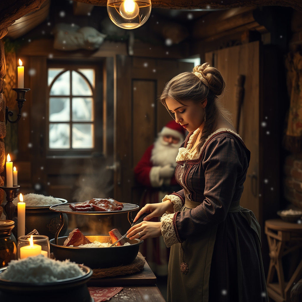 Hyperrealistic Woman in Medieval Christmas Kitchen