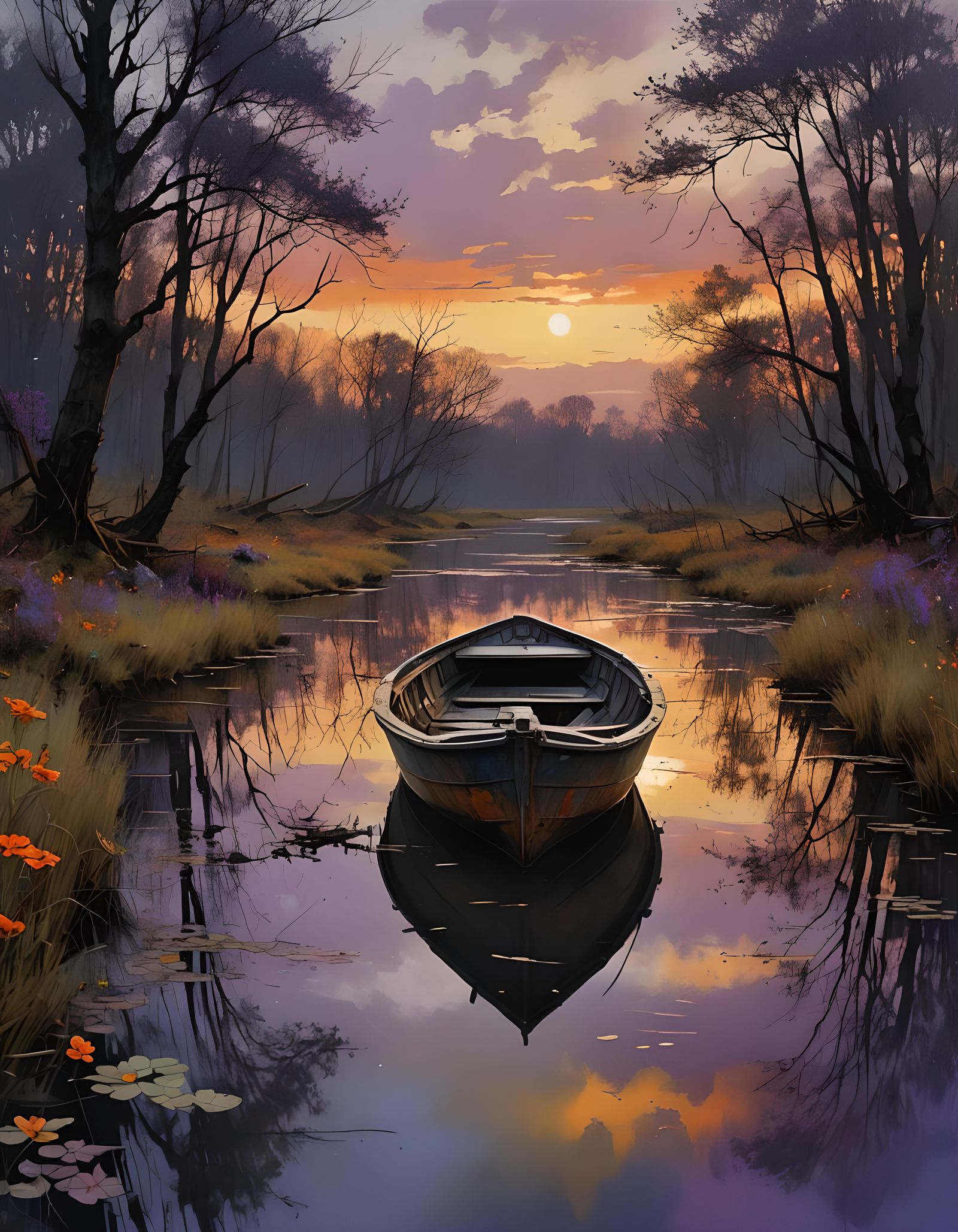 Eerie Sunset Over Swamp River, Rackham and C215 Style