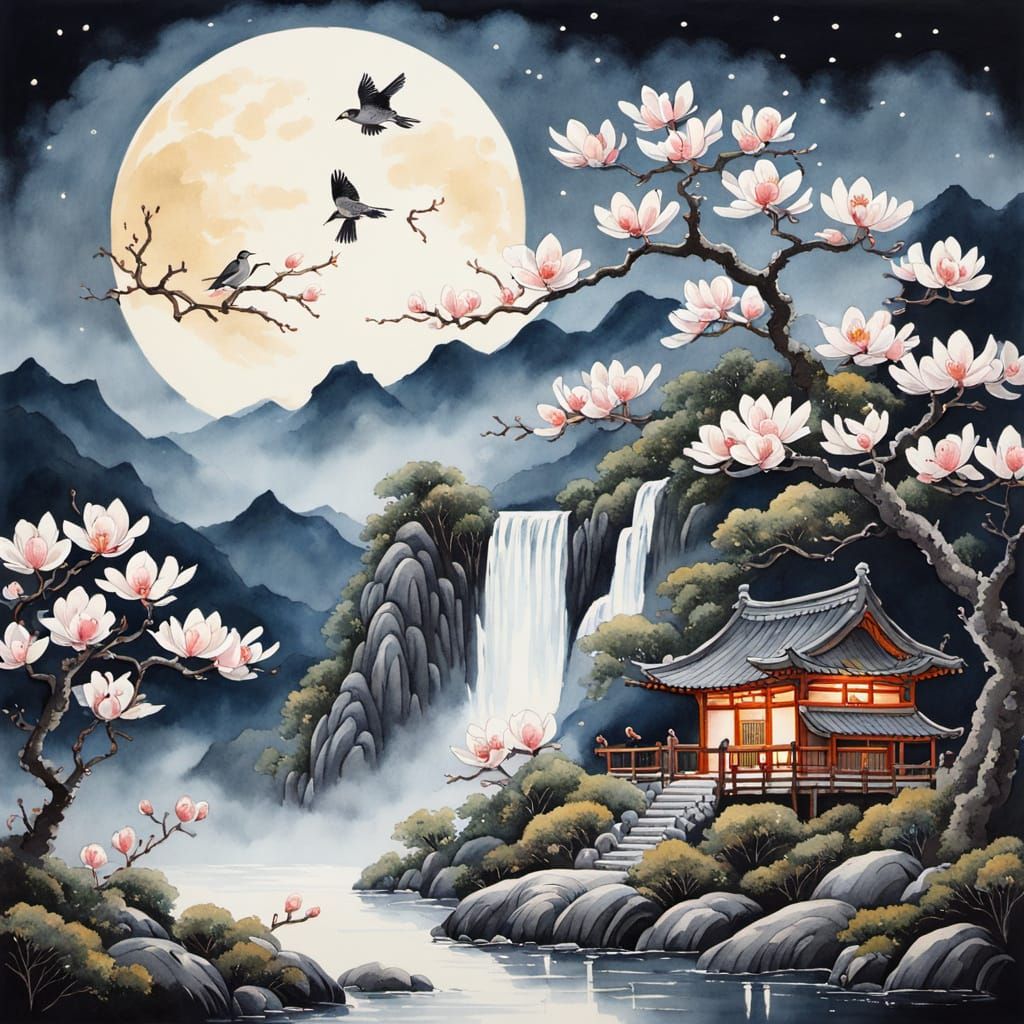 Gouache Painting of Tranquil Night Scene with Bird Family