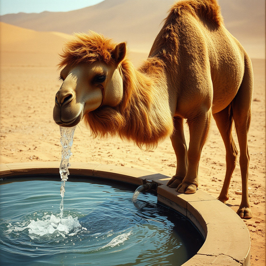 Camel Drinks from Tap in Desert Landscape