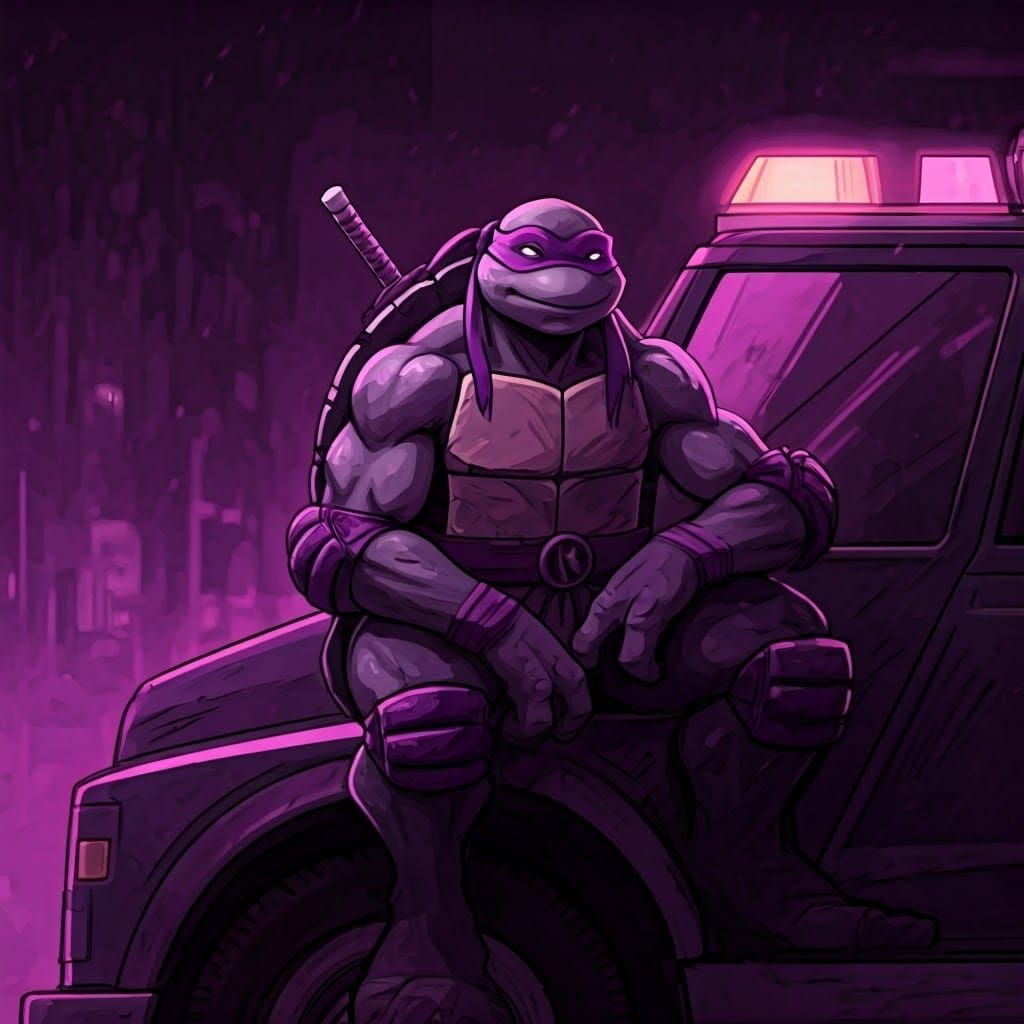 Purple Donatello on Tow Truck, Anime-Style Digital Art