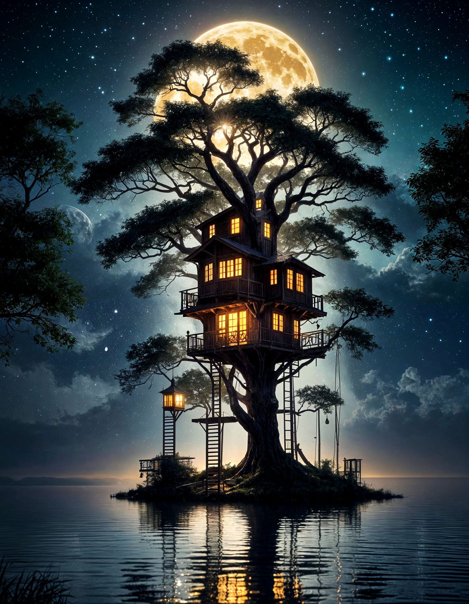 Neon Moonlit Treehouse in Impressionist Style