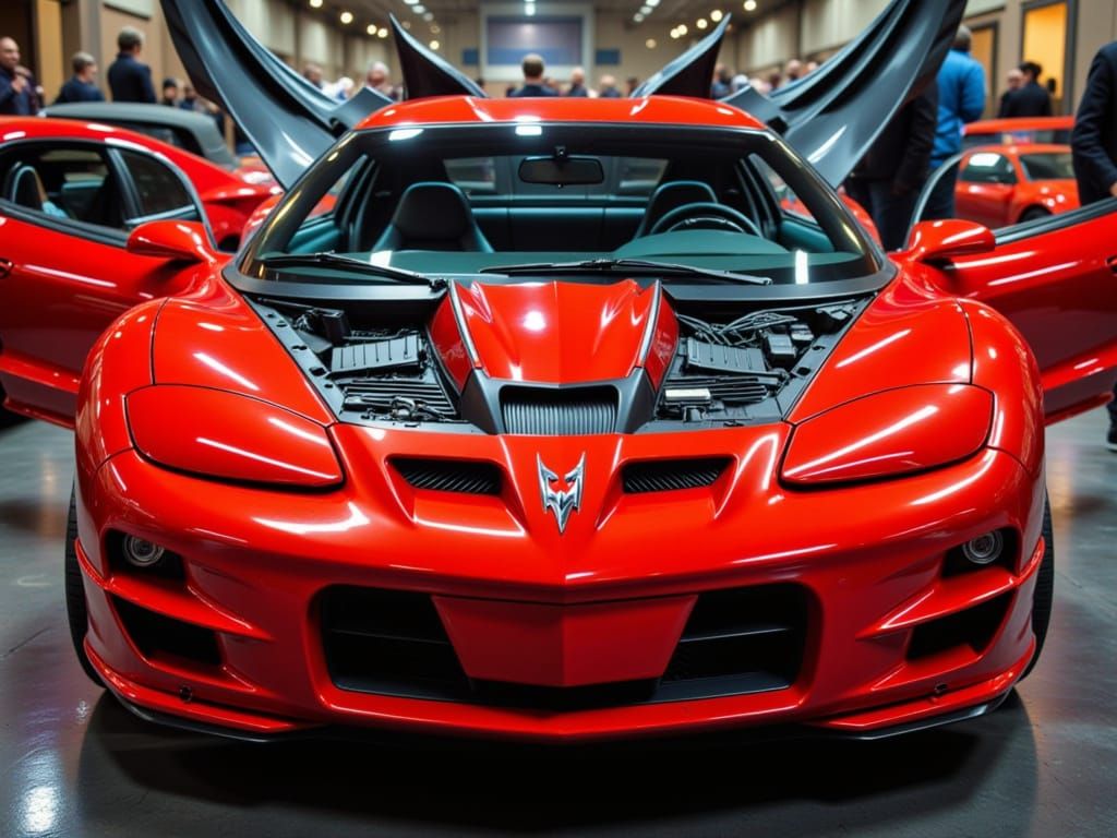 Shiny Cherry Red Pontiac Firebird at Car Show