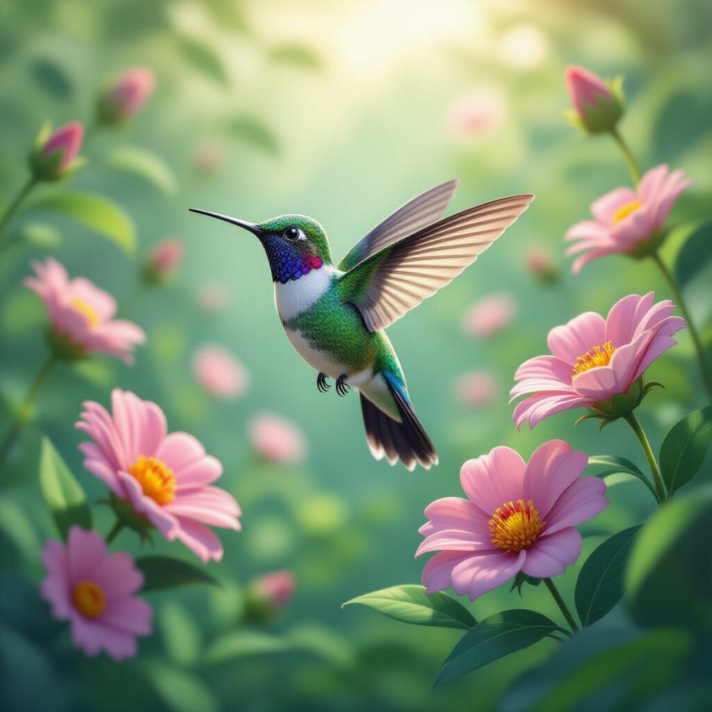 Hummingbird in Magical Garden, Studio Ghibli Style