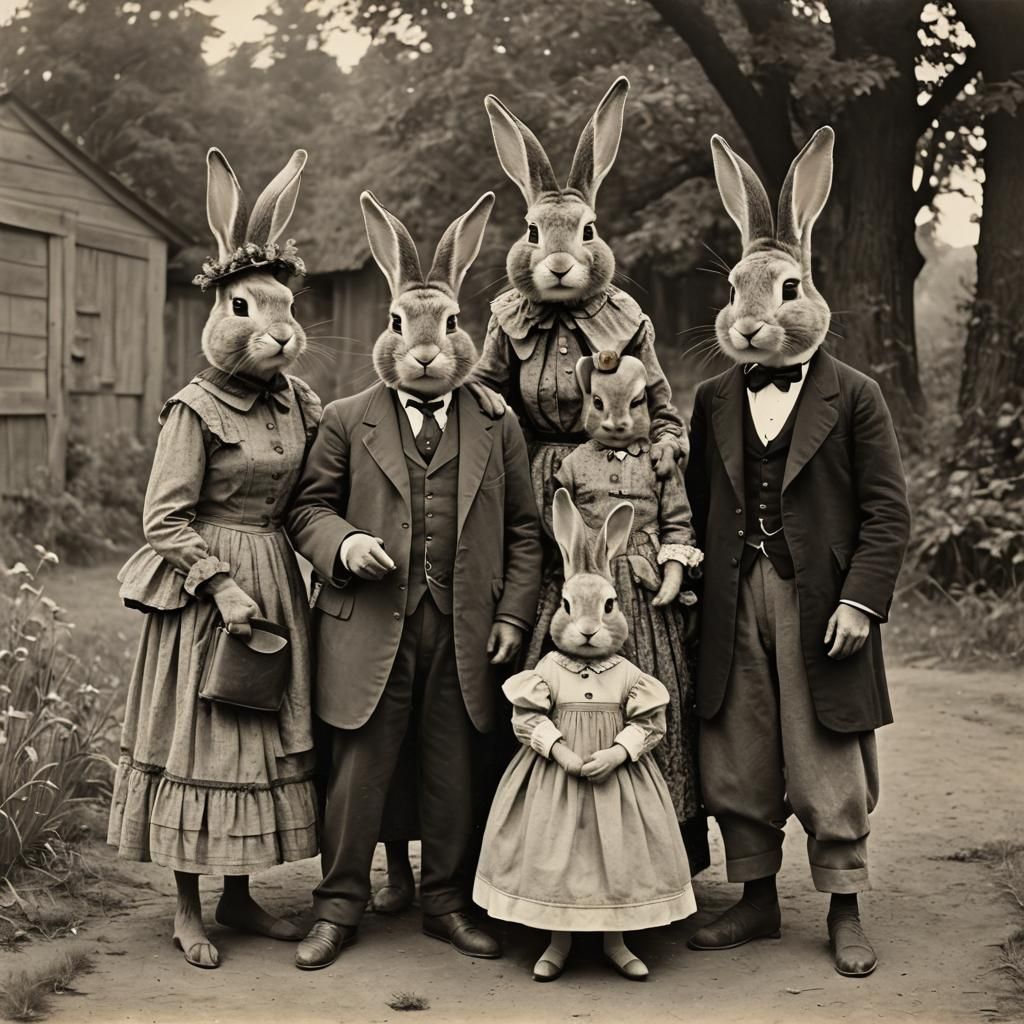 Historical Rabbit Family in Old-Fashioned Dress