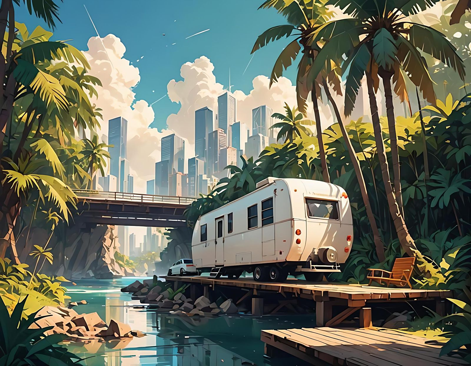 Tropical City Under Bridge: Digital Painting