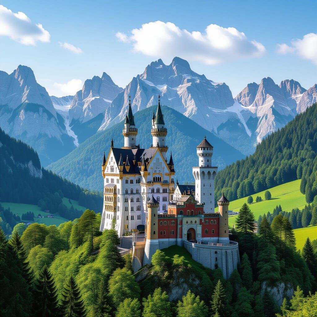 Neuschwanstein Castle Majestic Mountain View in Hyperrealism