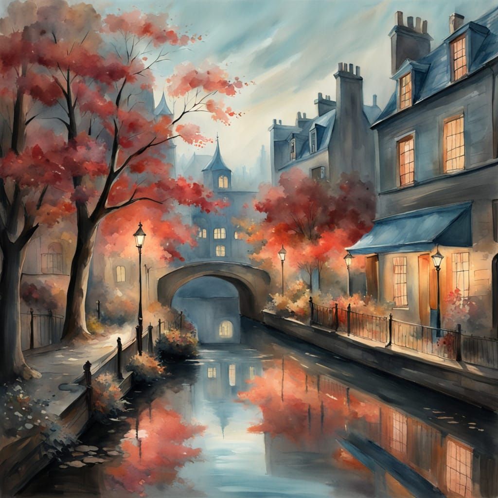 Whimsical Autumn Landscape in Soft Watercolor Hues