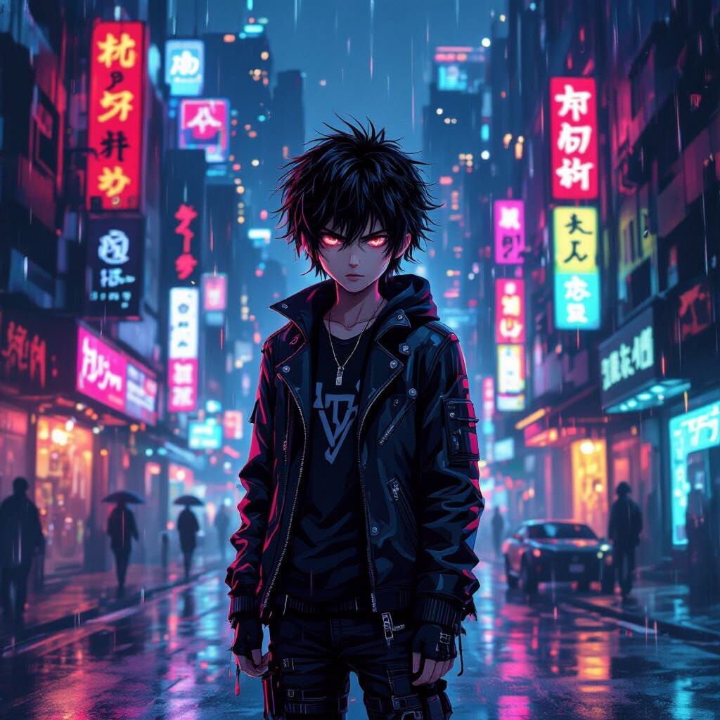 Anime Emo Teen in Futuristic Cyberpunk City