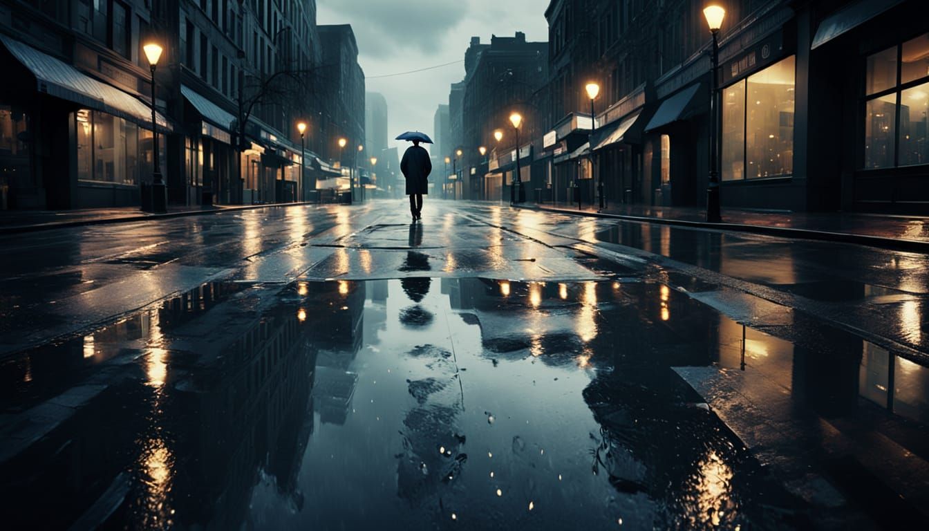 Rainy City Street Scene with Reflections