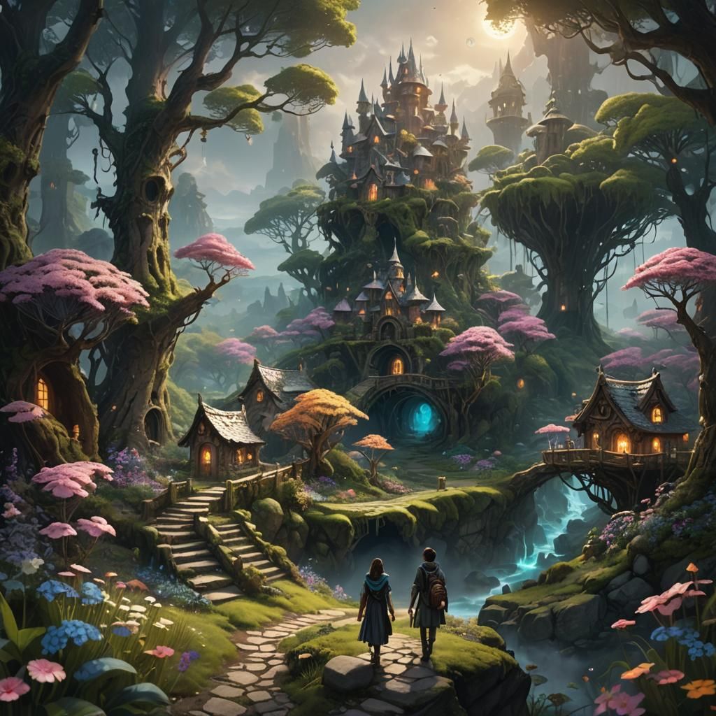 Enchanted Forest of Lumina with Fairy Village in Fantasy Art