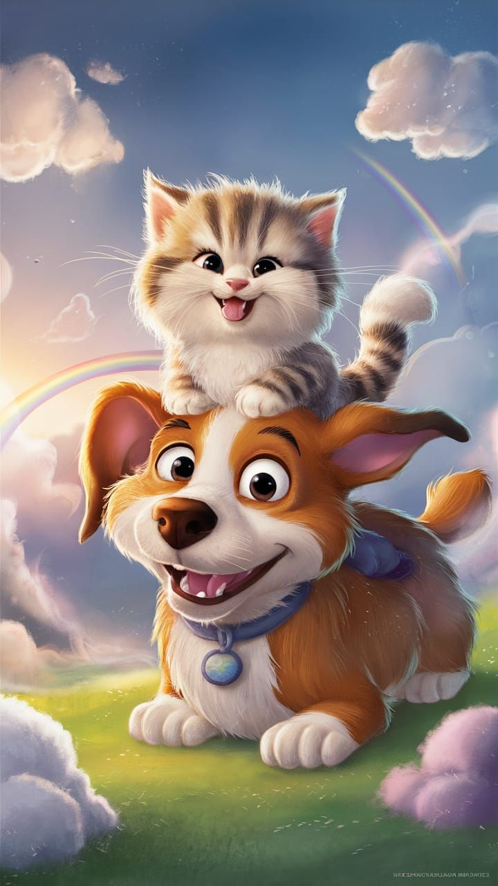 Whimsical Kitten and Dog Concept Art in Pixar Style