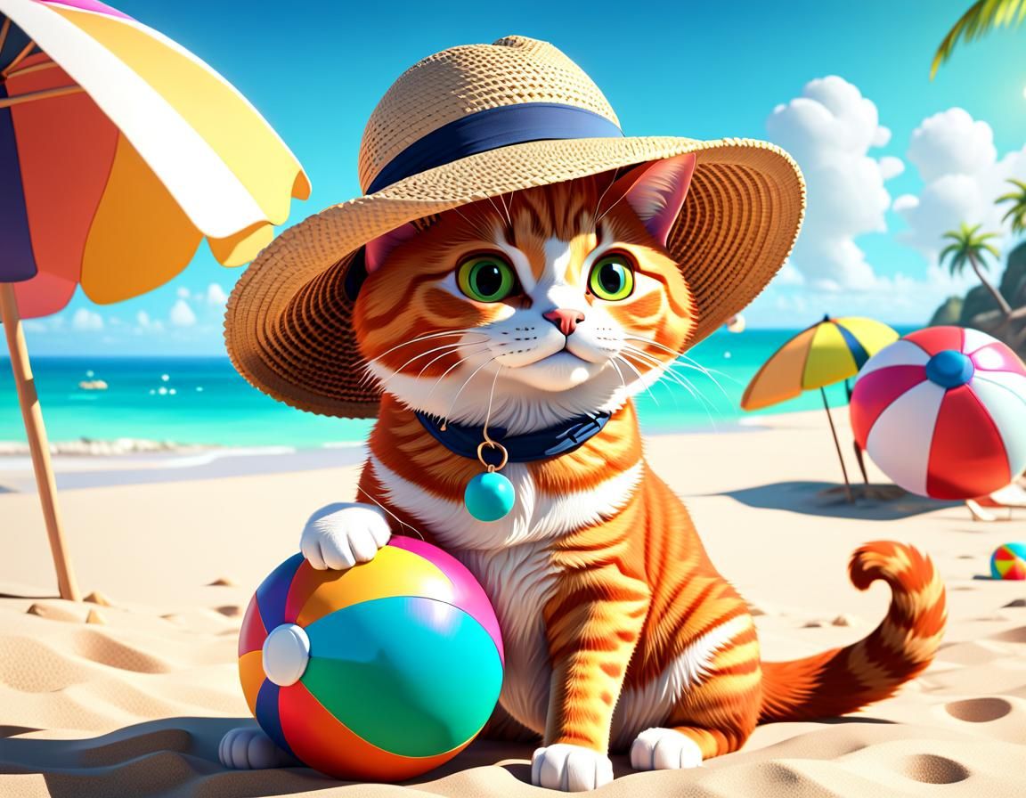 Ginger Cat on Beach: Pixar-Style 3D Digital Art