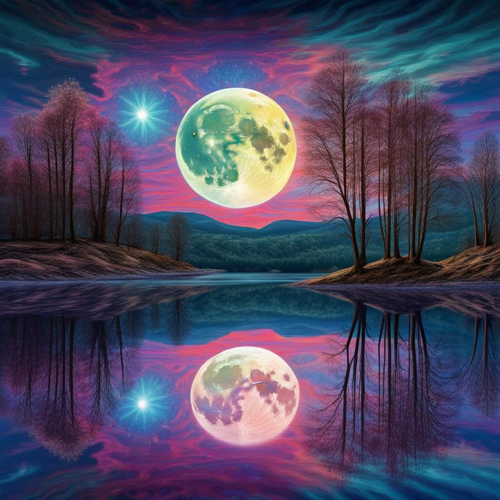 Astral Full Moon Reflection in Lake, Holographic Illustratio...